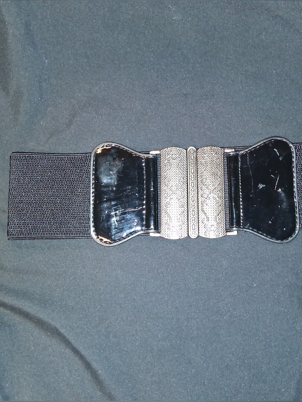Black Elastic Waist Belt with Decorative Silver-Tone Buckle